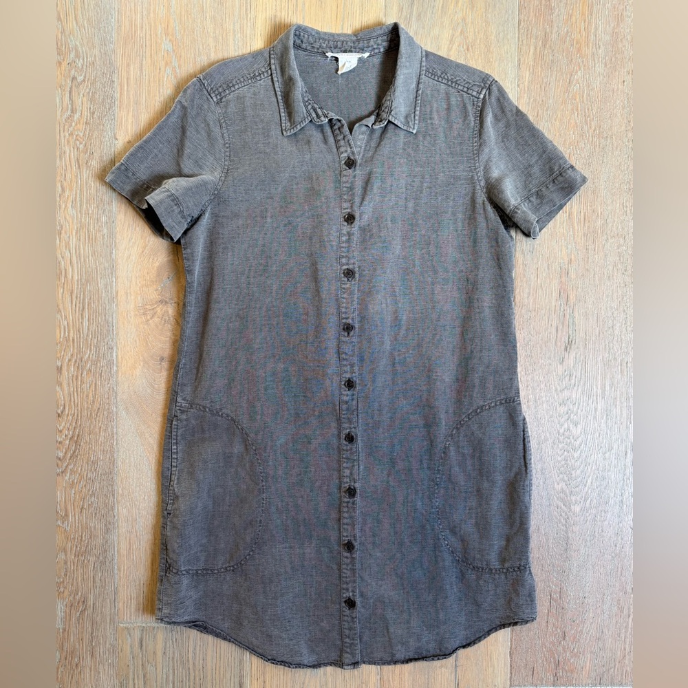 Lucky Brand Women’s Shirt Dress Gray Linen Lyocell Short Sleeve Tunic Pockets M